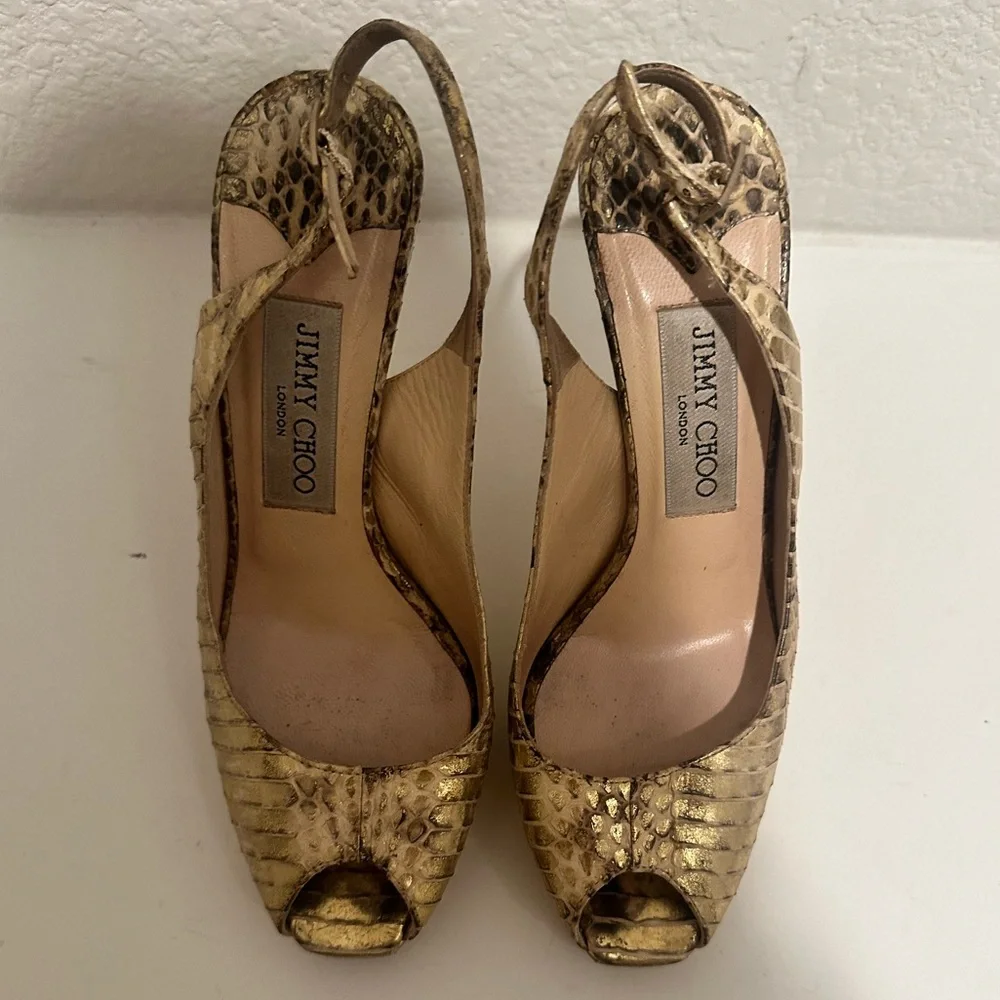Jimmy Choo Nova Gold Snakeskin Leather Peep Toe Platform Slingback Pumps Size 36
